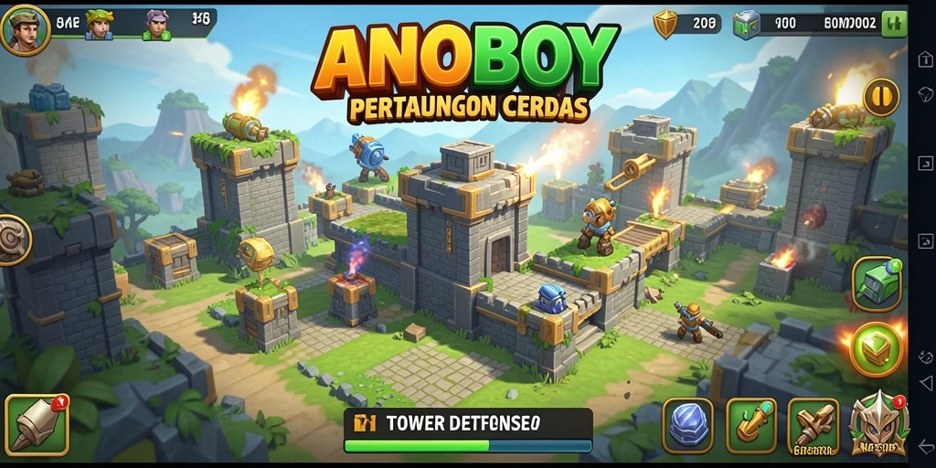 Tampilan gameplay ANOBOY yang menegangkan dalam Tower Defense.