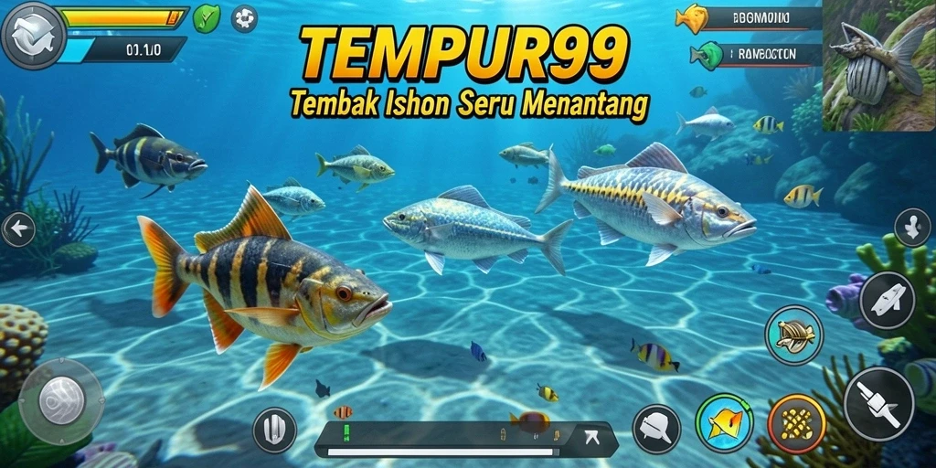 Screenshot TEMPUR99 menampilkan aksi tembak ikan yang seru.
